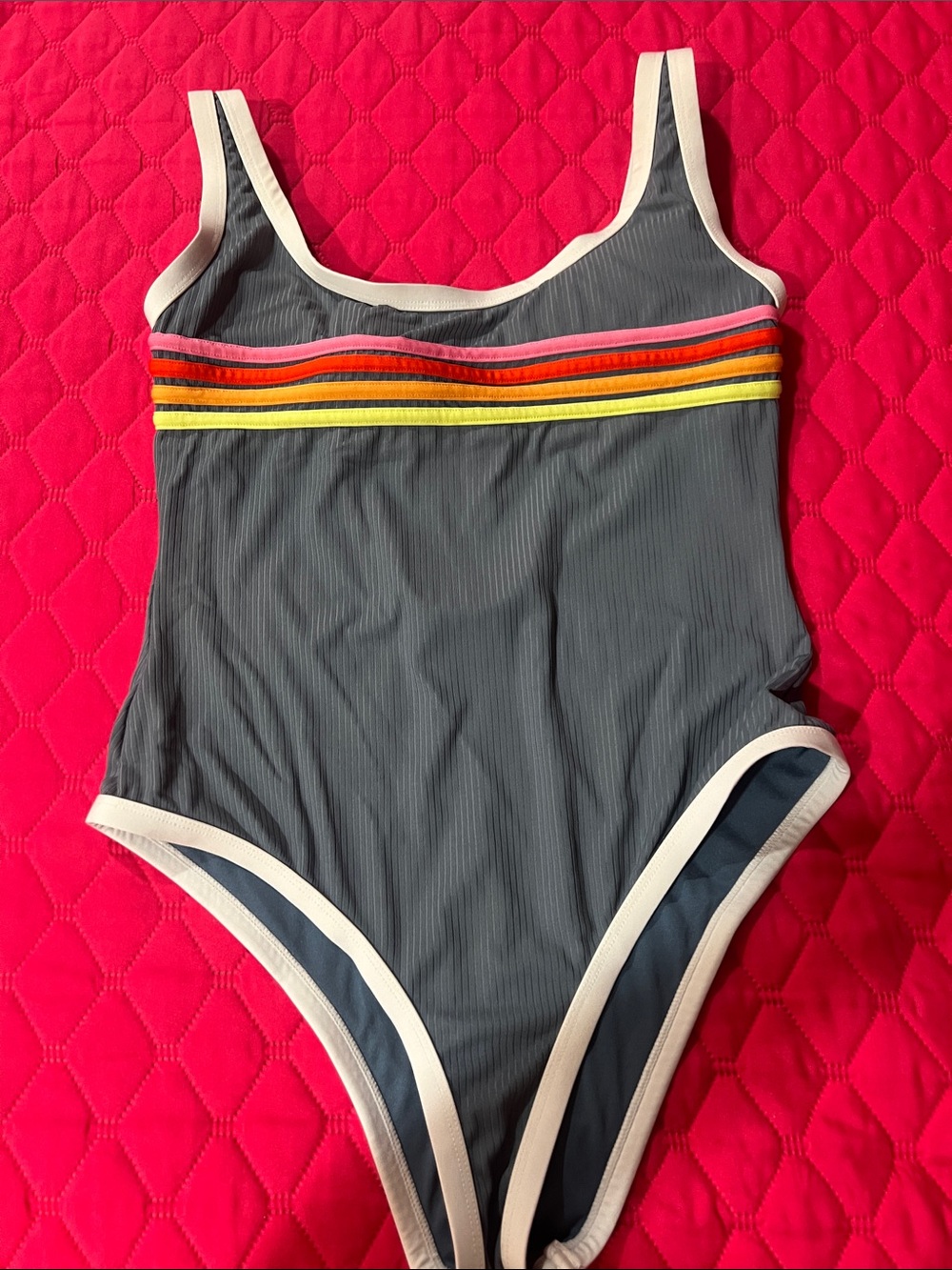 Rip Curl Blue Gray One-Piece Swimsuit with Rainbow Stripe Accents